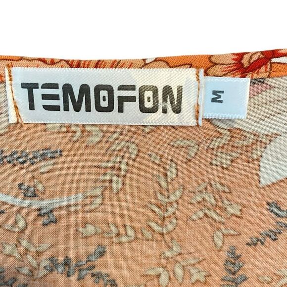 Boho Orange Floral Relaxed Flowy Peasant Sleeves Front Tie ‘60s Vibe Dress - Picture 6 of 8